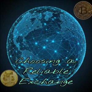 A globe with a network of lines connecting various points, symbolizing the interconnectedness of the cryptocurrency market. A Bitcoin logo and a Dogecoin logo are placed on the globe. The text "Choosing a Reliable Exchange" is superimposed on the image.