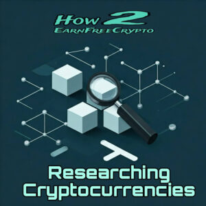 Isometric illustration depicting the concept of Researching Cryptocurrencies, with a magnifying glass focusing on a blockchain structure.