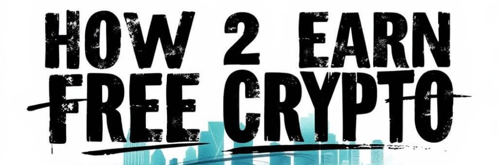 A graphic with large, bold text that says 'HOW 2 EARN FREE CRYPTO' with an image of a city skyline in the background.